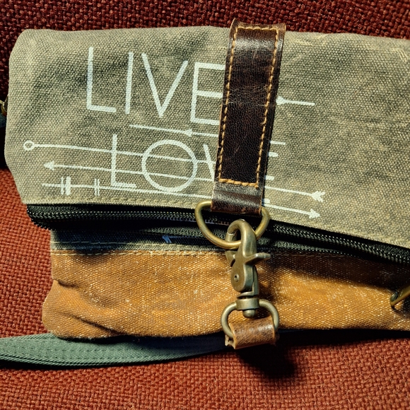 Mona B Live Love Canvas Crossbody Bag - Brown and Olive - Picture 2 of 9
